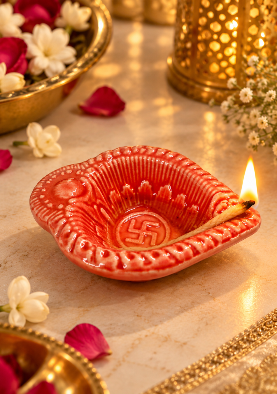 Red Swastic Diya Set of 6