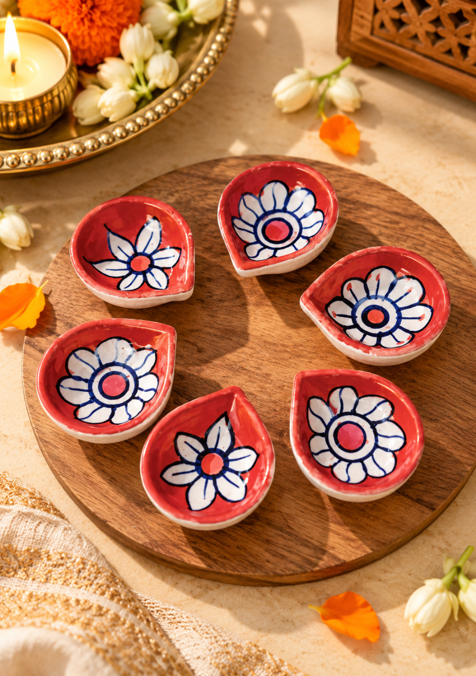 Red Floral Diyas Set of 6