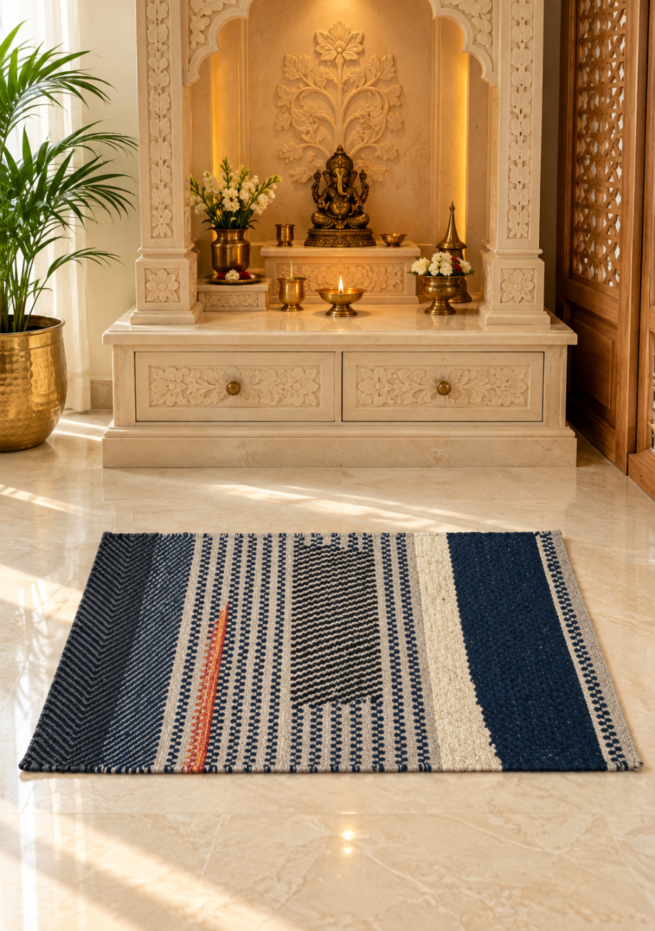 Aravalii Navy Charcoal Geometric Striped Handwoven Rug