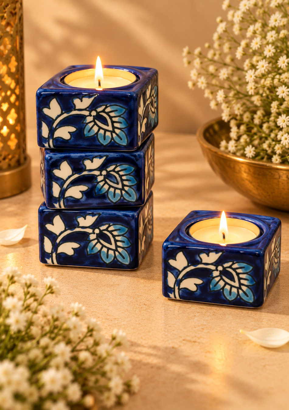 Aravalii Indigo Bloom Hand Painted Tea Light Diya Set of 6
