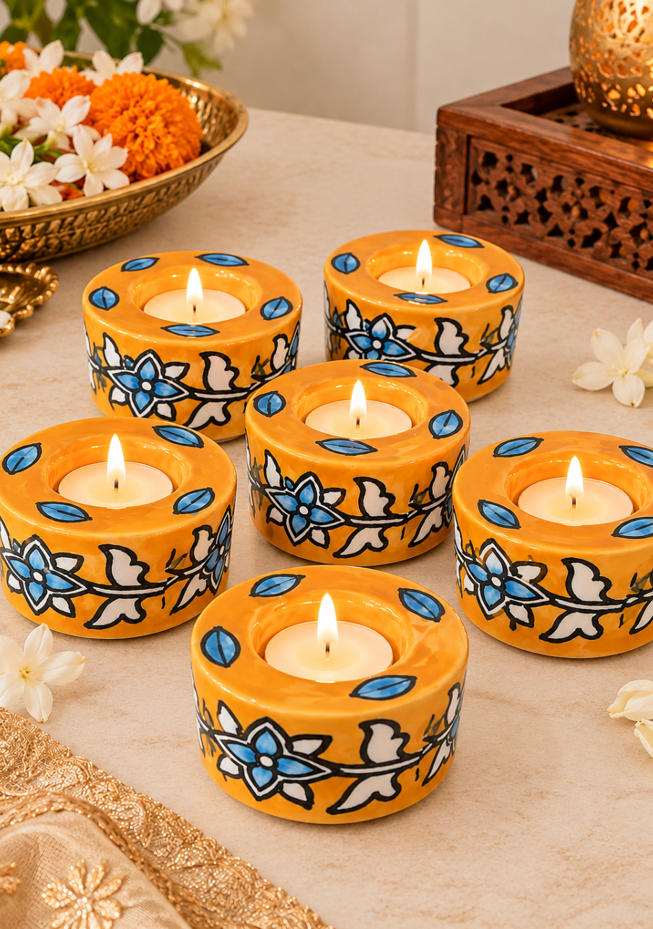 Aravalii Orange Floral Hand-Painted Tea Light Diya Set of 6