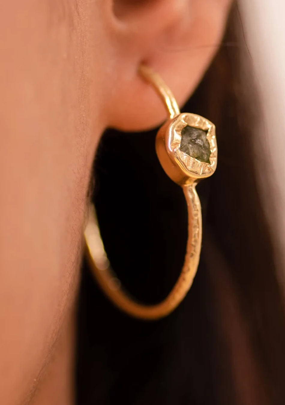 Rough Peridot Gold Loop Earrings