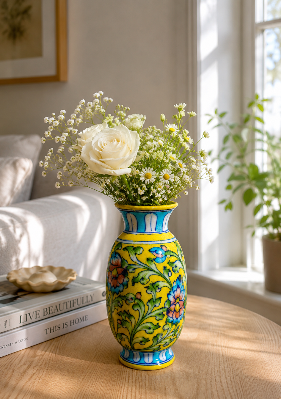 Blue Pottery Yellow Floral Vase