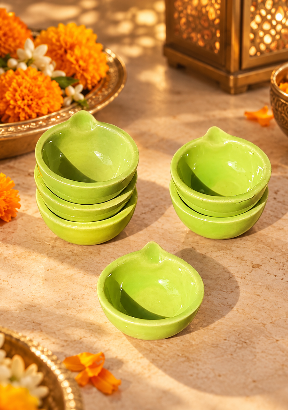 Sage green Glazed Diya - Set of 6