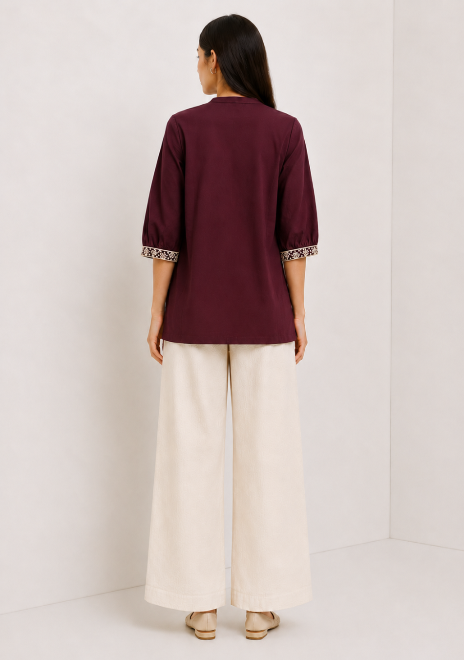 Wine Scallop Hem Embroidered Top