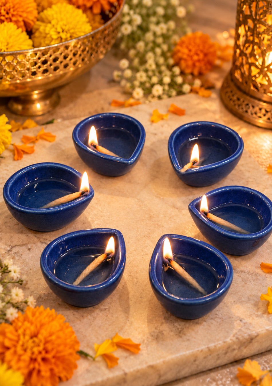 Aravalii Sapphire Teardrop Glow Diya Set Of 6