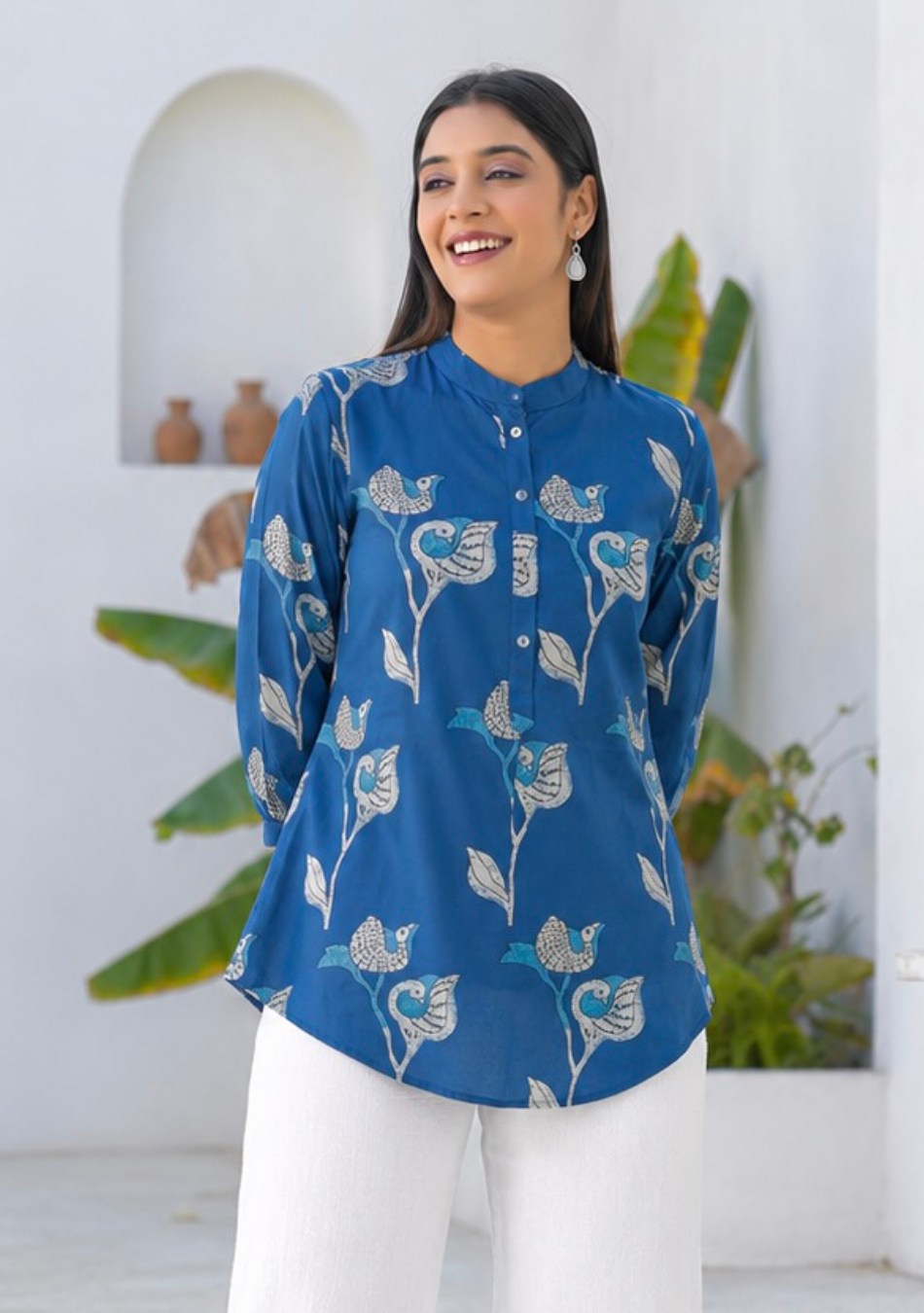 Azure Blue Bluebird Bloom Top with Bird and Floral Hand-Block Print