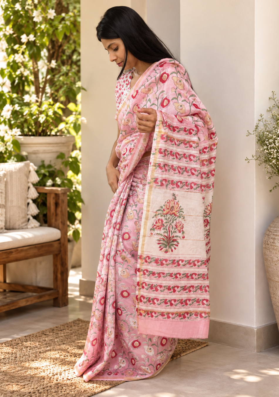 Pink Floral Chanderi Handblock Saree with Blouse Piece