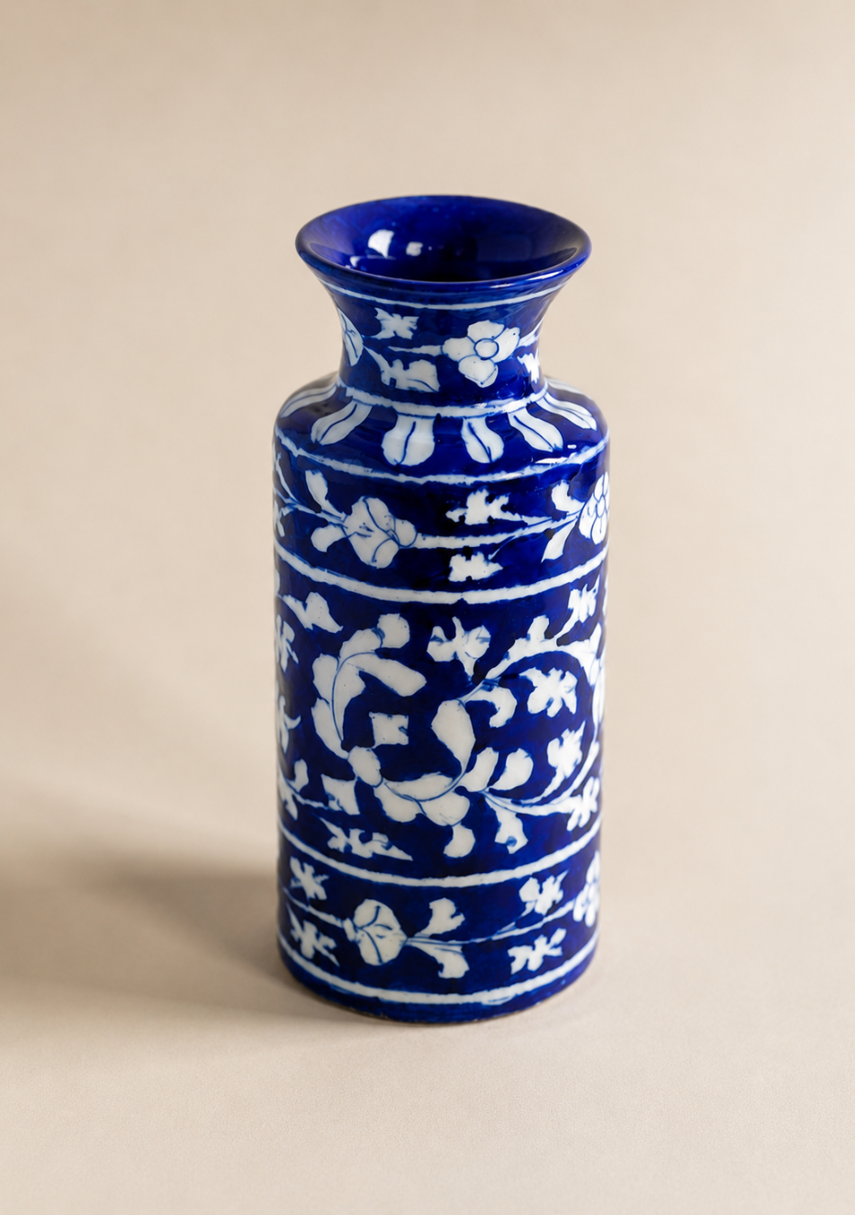 Blue Pottery White Floral Can Vase