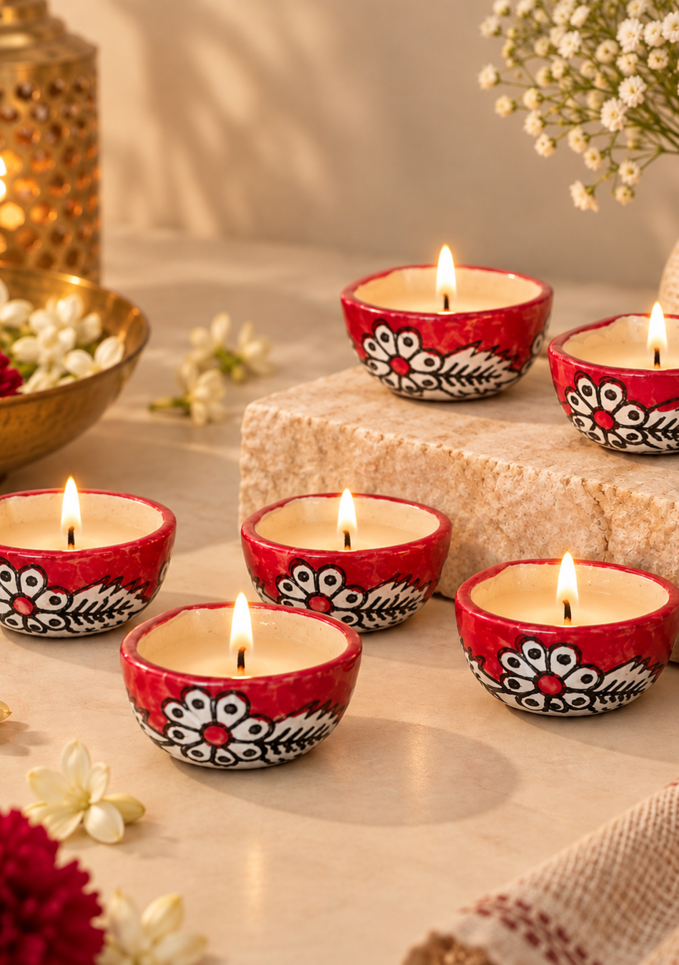 RED HAND PAINTED CERAMIC DIYA - SET OF 6