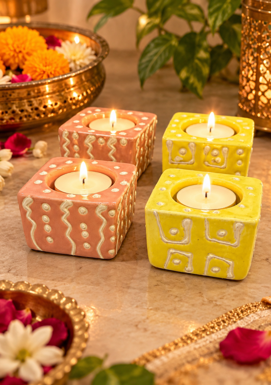 Aravalii Sunshine & Blush Handcrafted Tealight Holder Set of 4