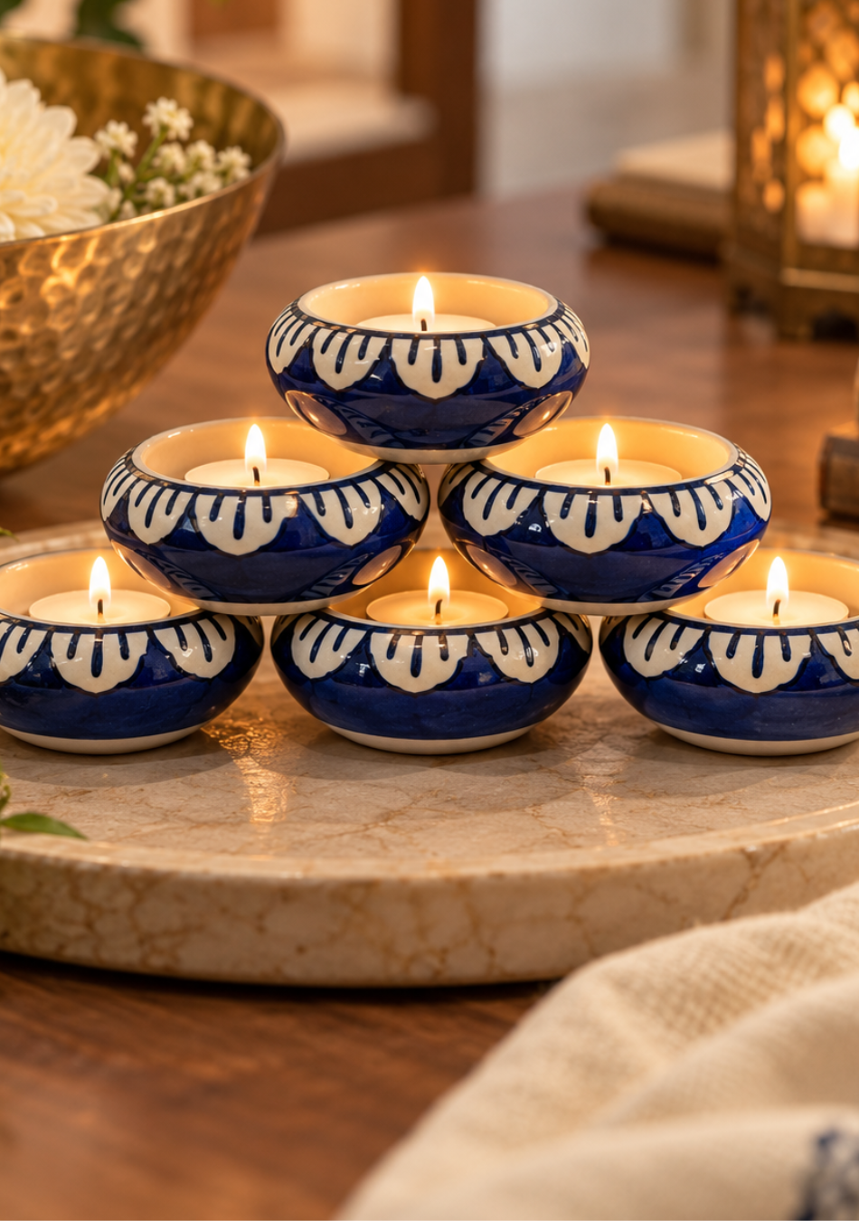 Aravalii Navy Petals Ceramic Tea Light Diya Set of 6