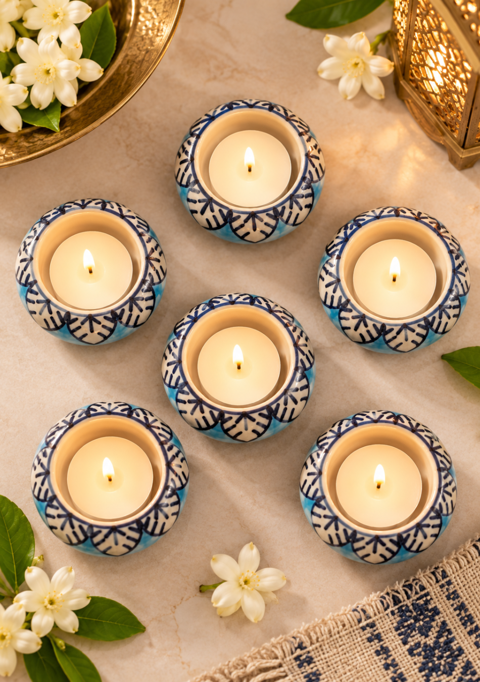 Aravalii Blue Petals Ceramic Tea Light Diya Set of 6