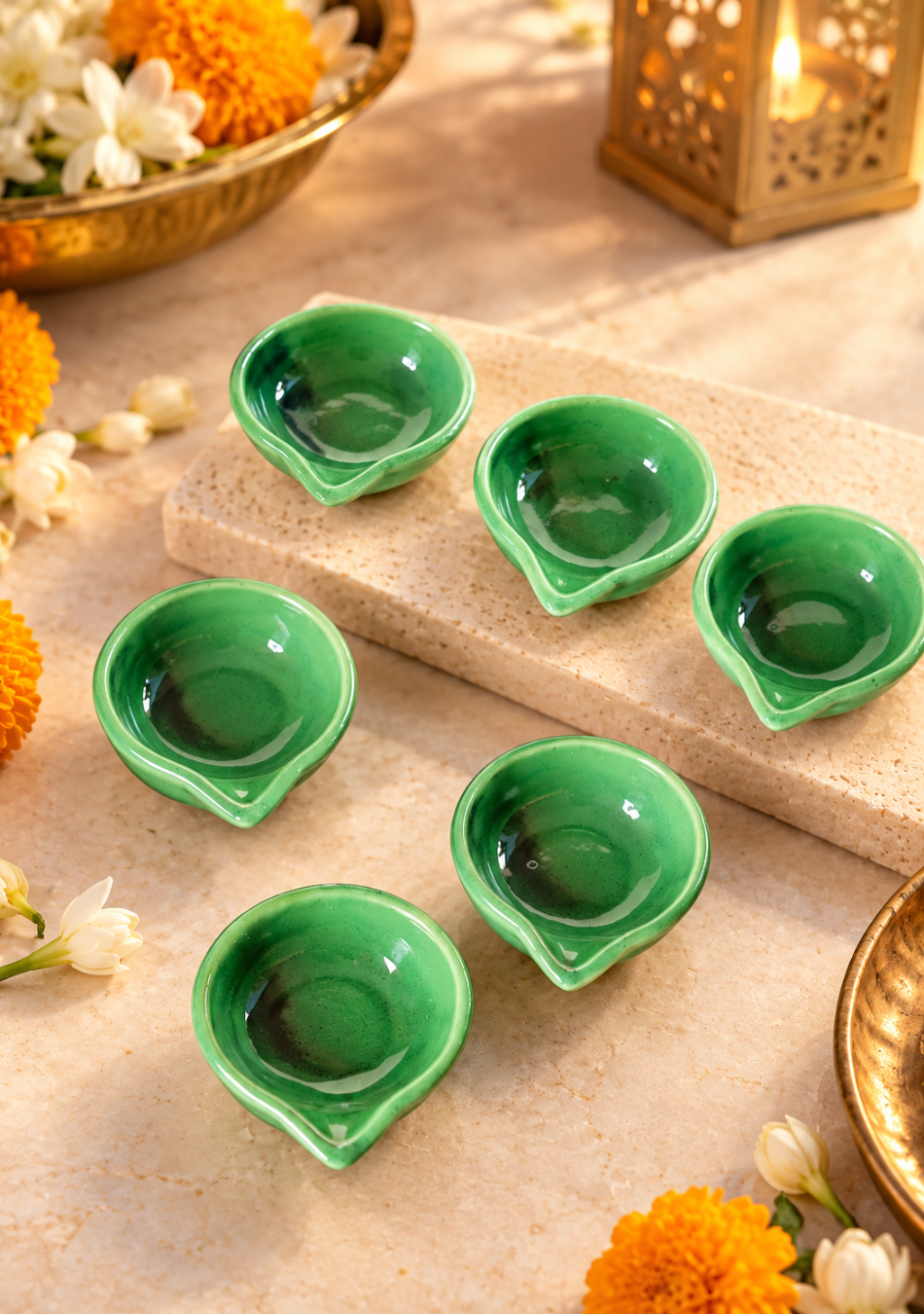 Green glazed diya set of 6