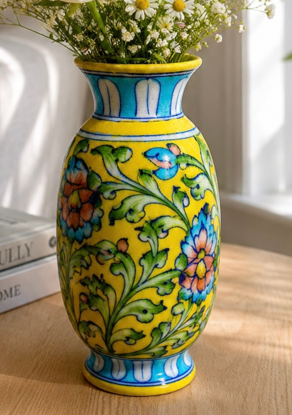 Blue Pottery Yellow Floral Vase