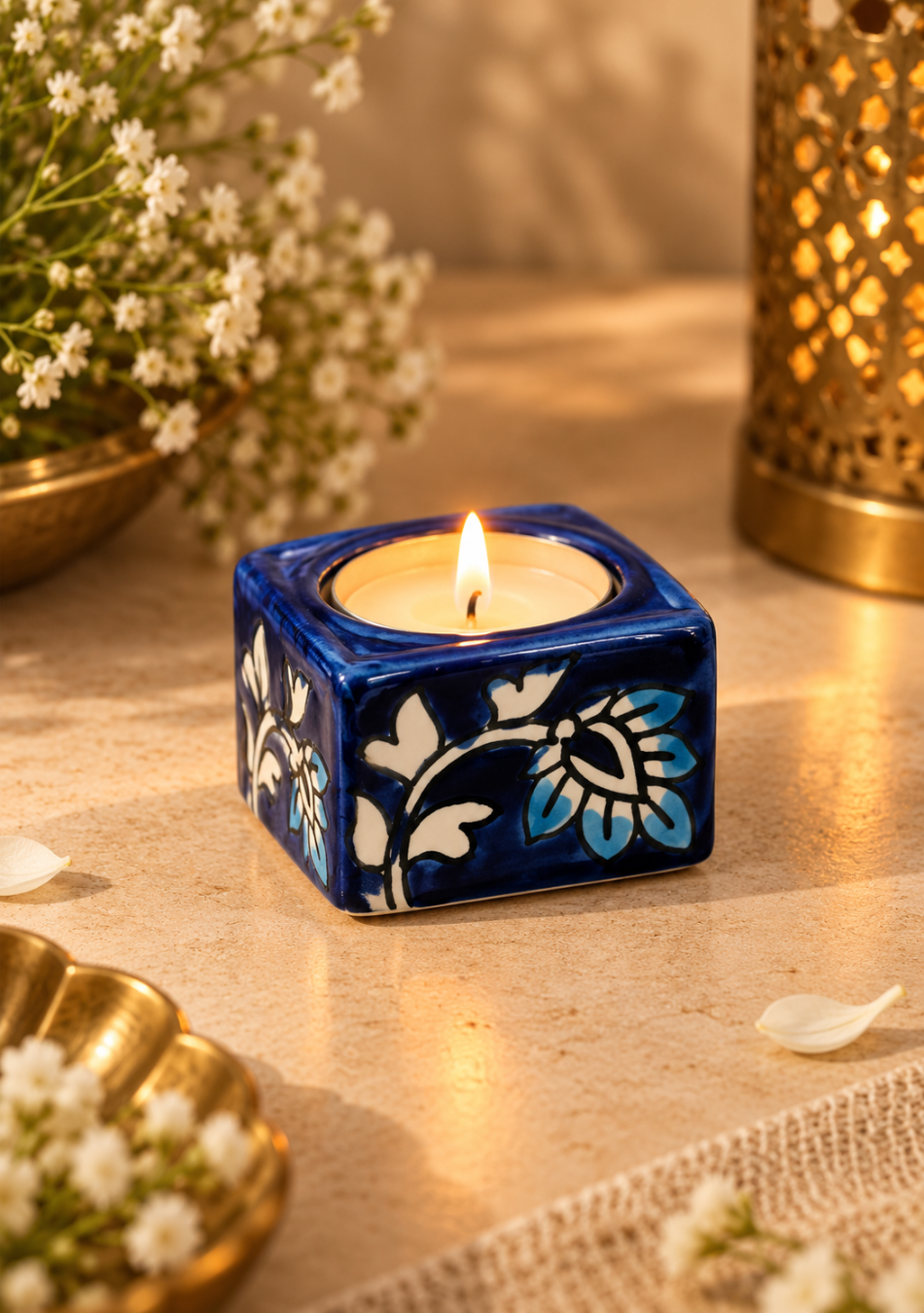 Aravalii Indigo Bloom Hand Painted Tea Light Diya Set of 6