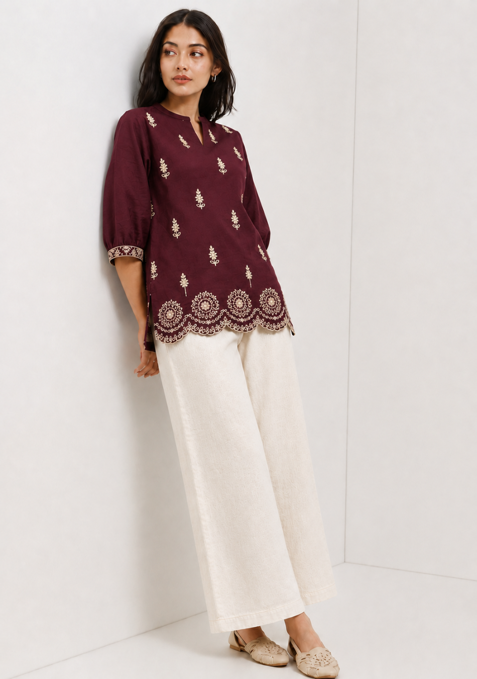 Wine Scallop Hem Embroidered Top