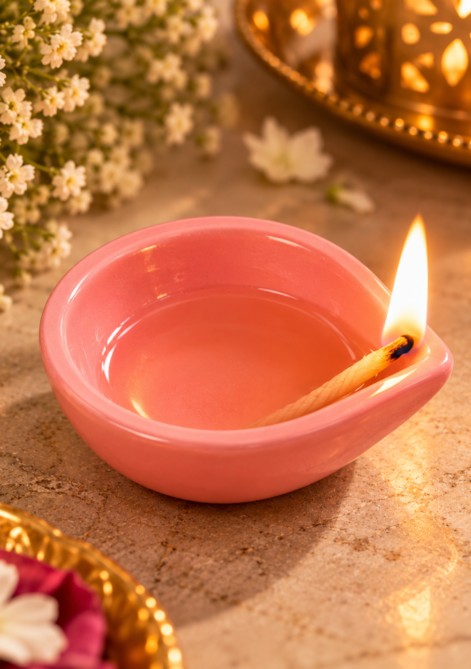 Aravalii Blush Petal Hand-Painted Ceramic Diya