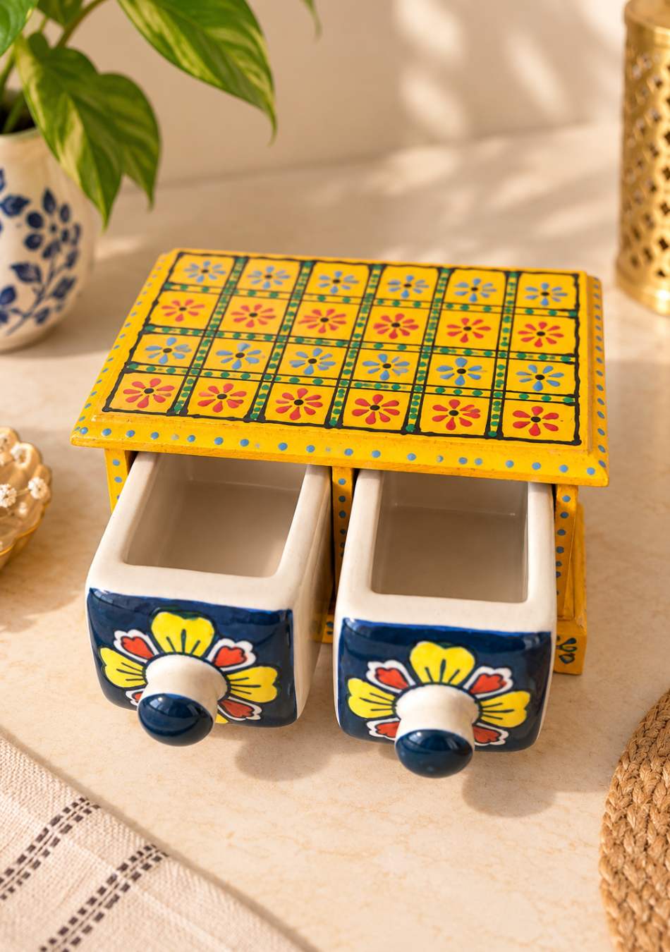 Aravalii Yellow Rangoli 2-Drawer Condiment Chest