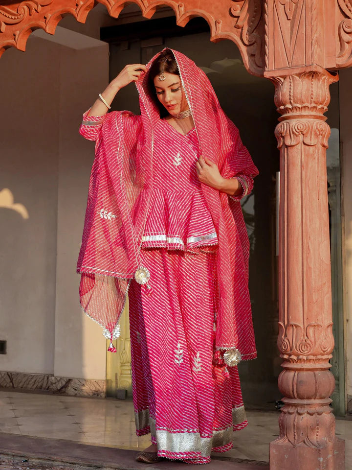 Aravalii Pink Lehriya Cotton Peplum Lehenga Set