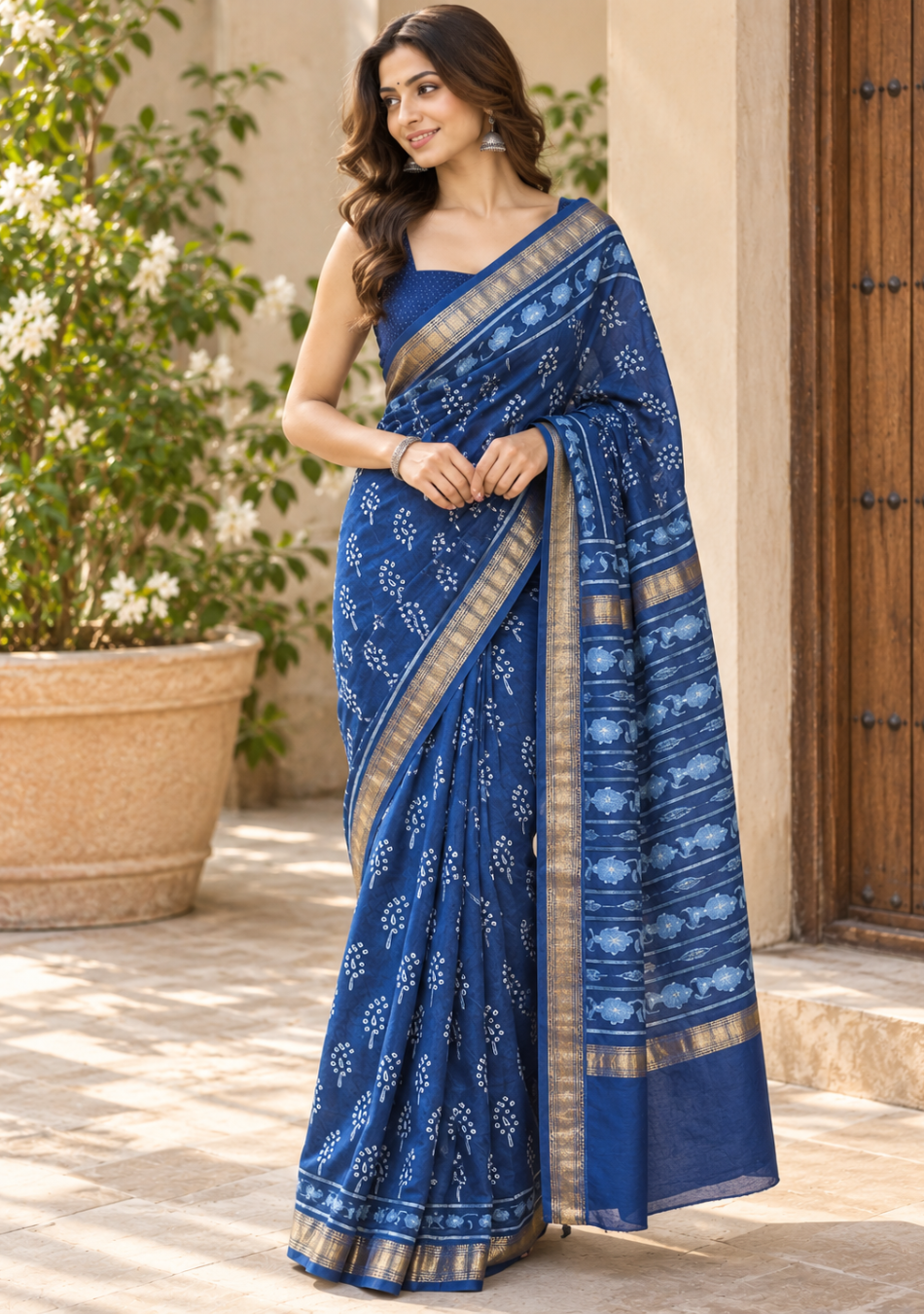 Aravalii Indigo Bloom Hand Block Chanderi Saree