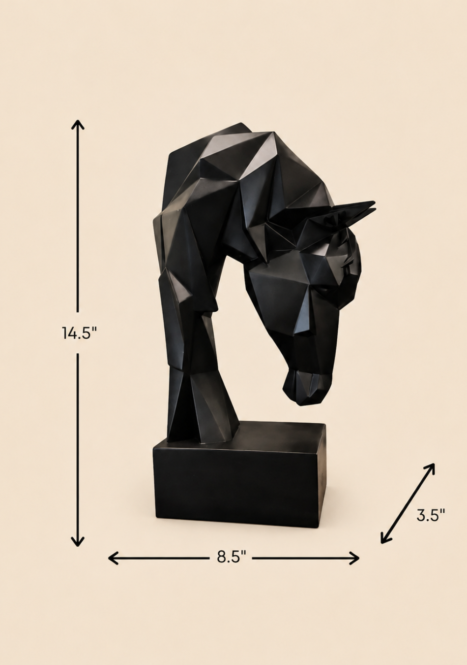 Aravalii Space Horse Head futuristic resin sculpture with a geometric black finish on a sleek office desk"