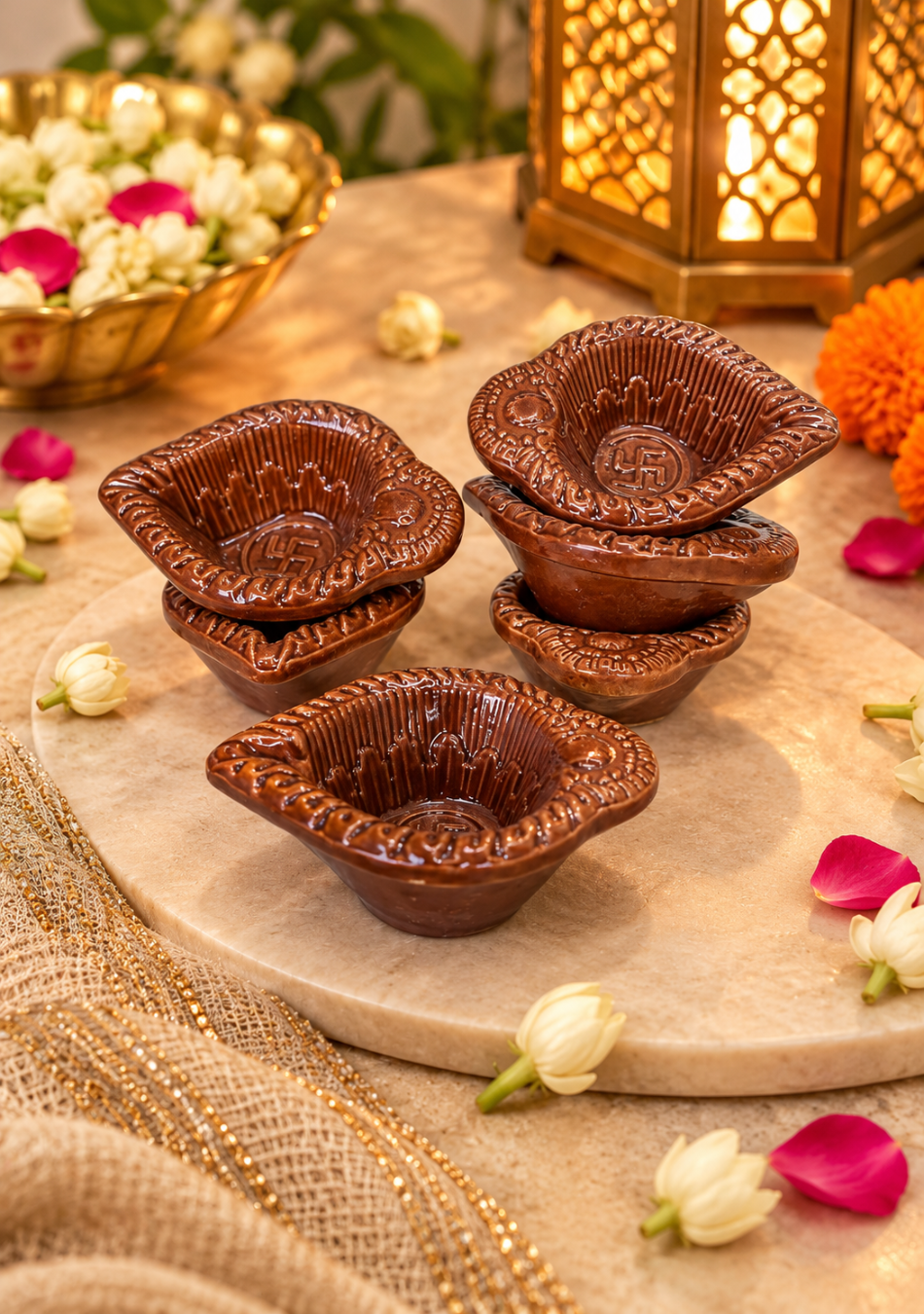 Brown Swastic Diya Set of 6