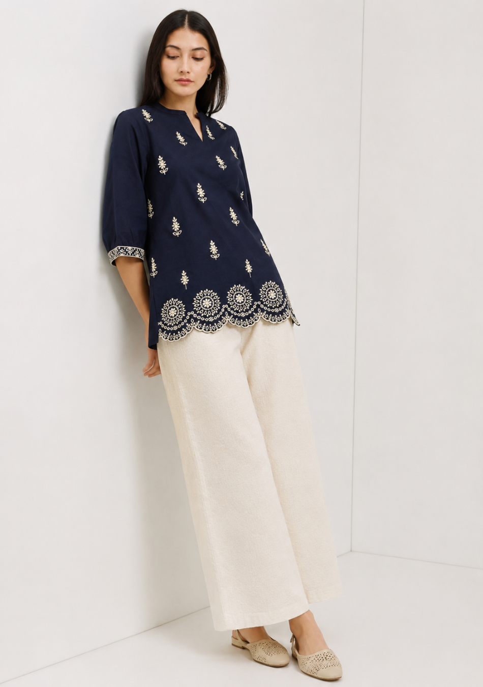 Black Scallop Hem Embroidered Top