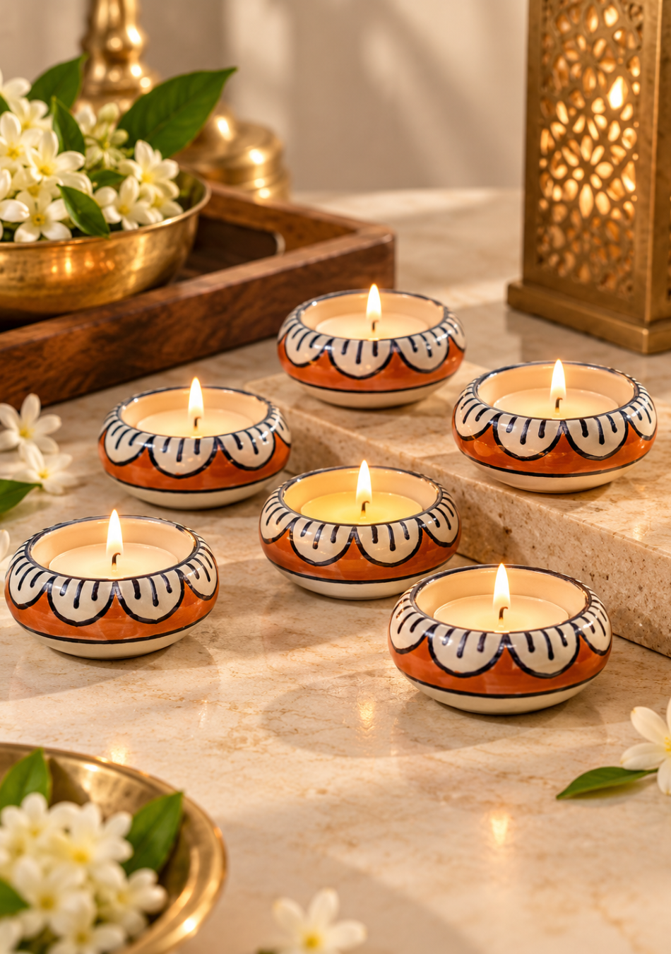 Aravalii Red Petals Ceramic Tea Light Diya Set of 6