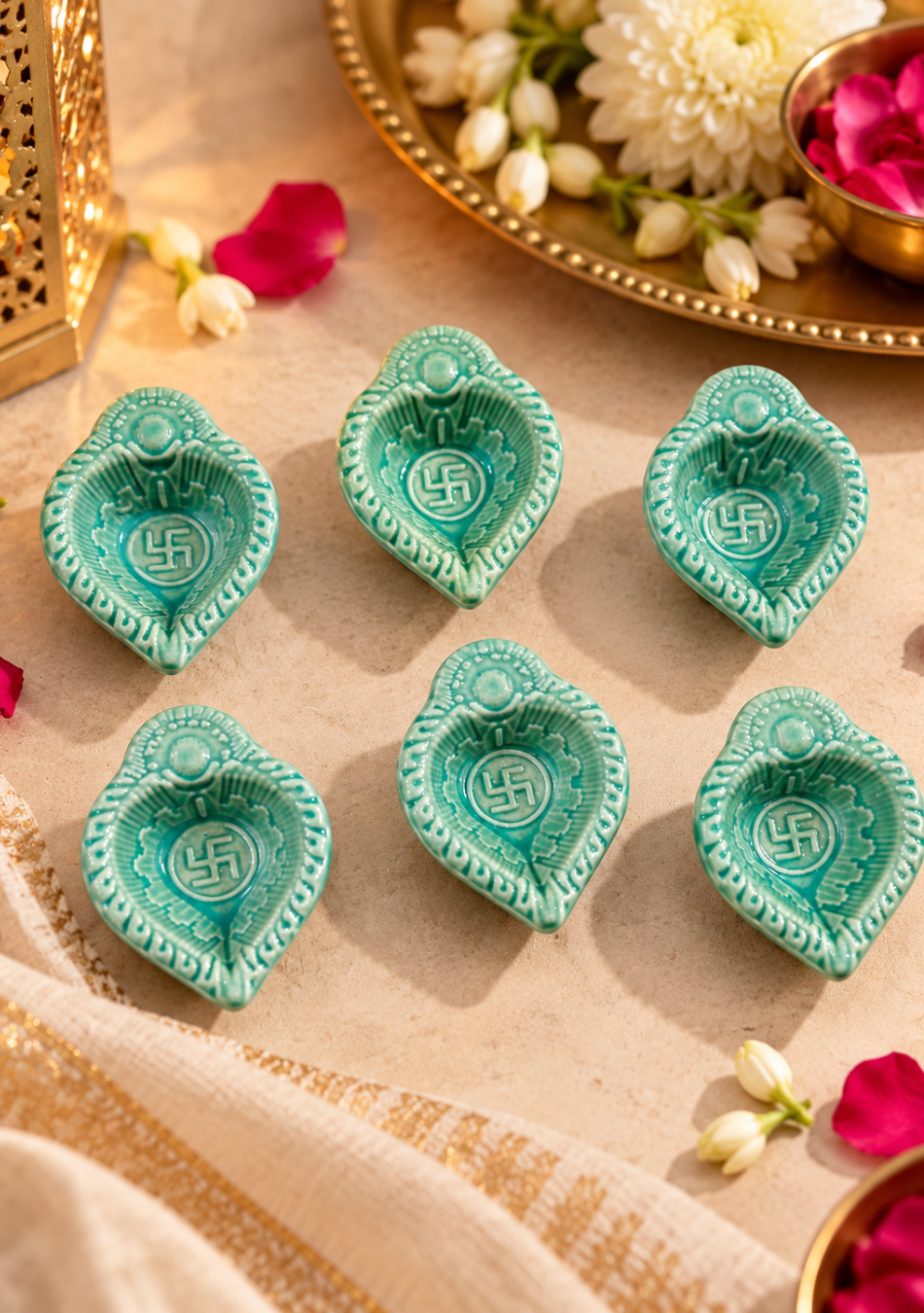 Green Swastic Diya Set of 6