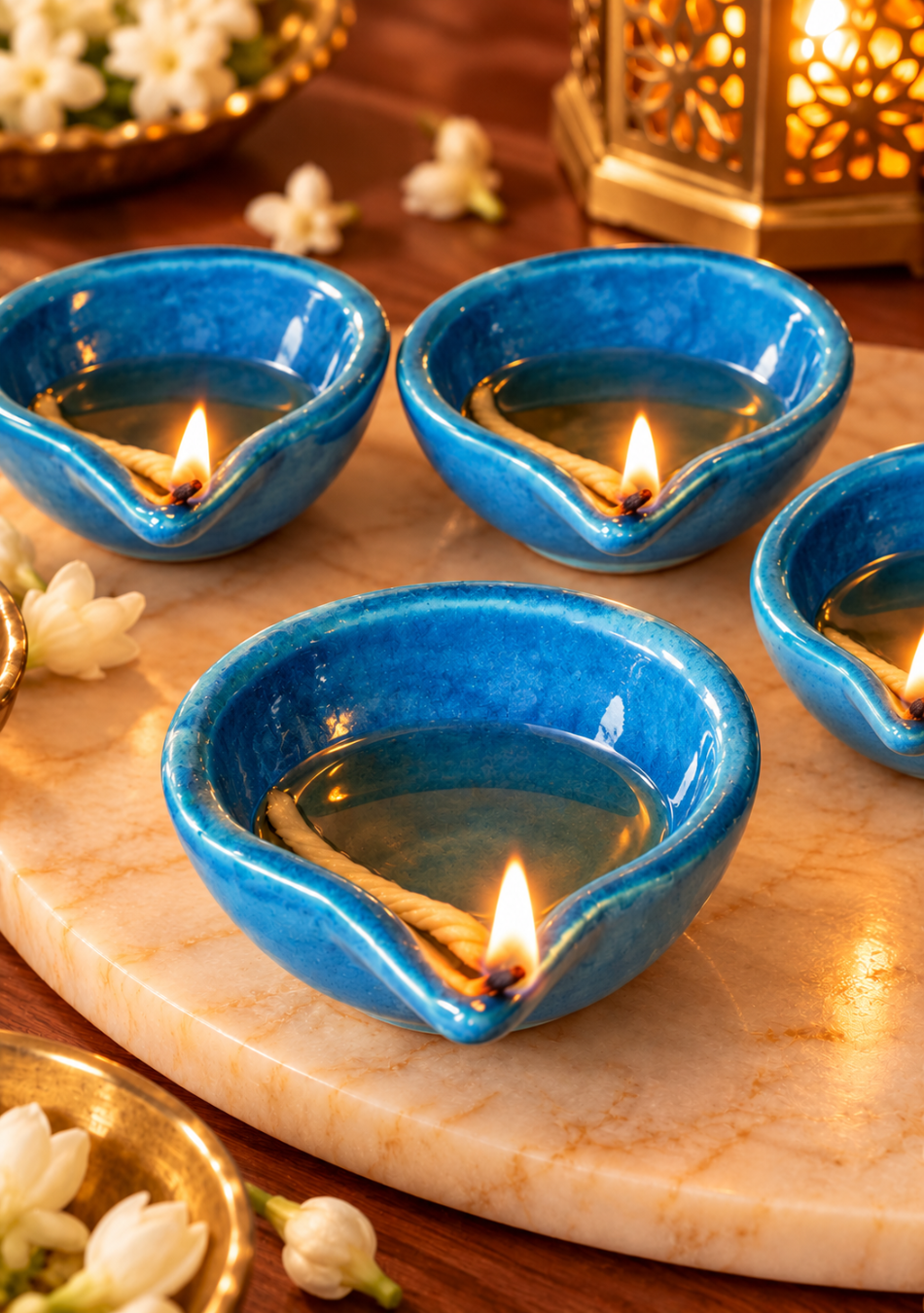 Blue glazed diya set of 6