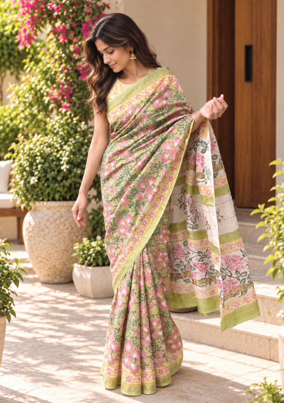 Aravalii Gulmohar Hand Block Chanderi Saree