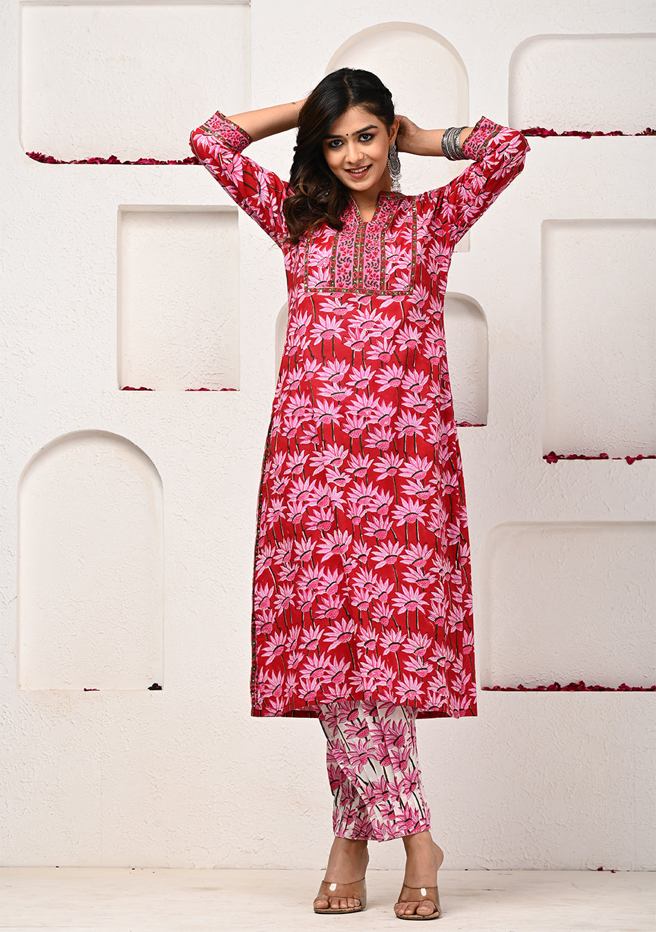 Crimson Bloom Hand Block Print Suit with Dupatta
