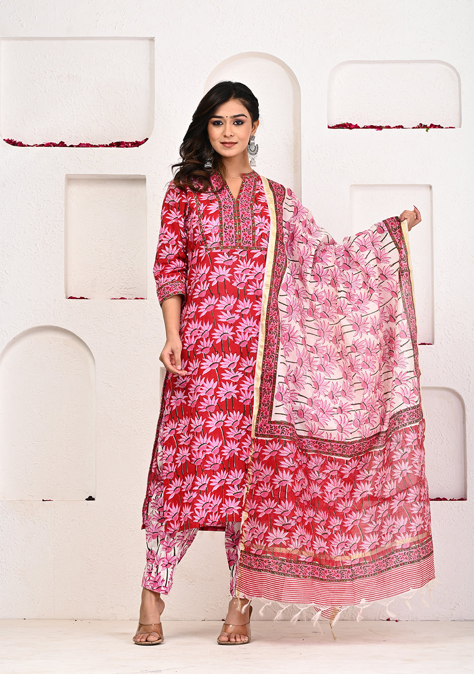 Crimson Bloom Hand Block Print Suit with Dupatta