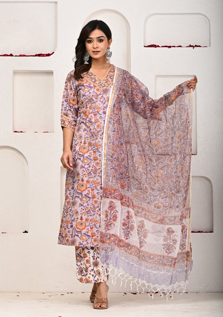 Lilac Blossom Hand Block Printed Suit with Dupatta