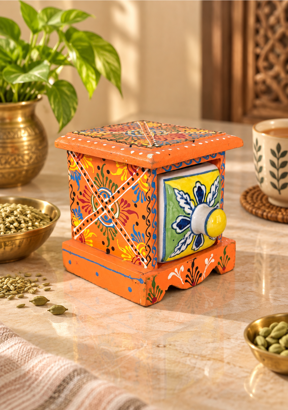 Aravalii Orange Rangoli Hand-Painted Drawer Chest