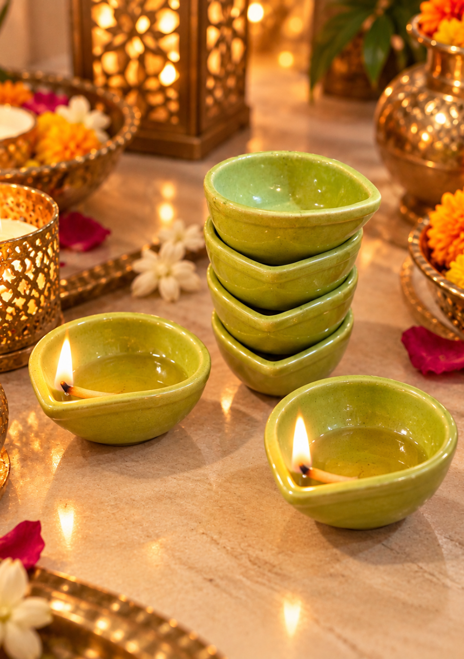Aravalii Lime Teardrop Glow Diya Set of 6
