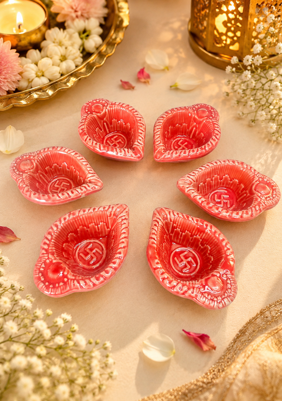Red Swastic Diya Set of 6