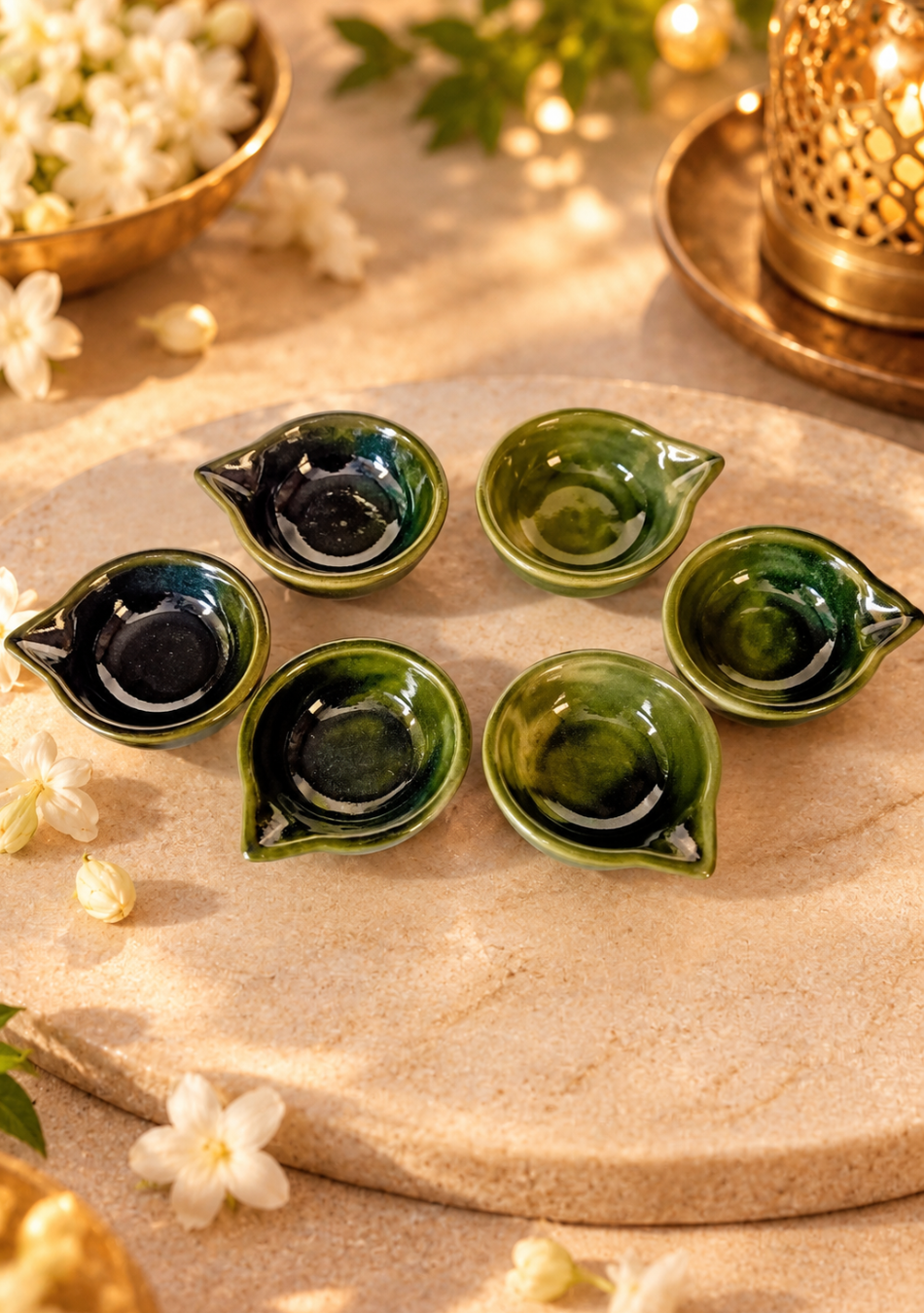 Sage Bloom Glazed Diya set of 6