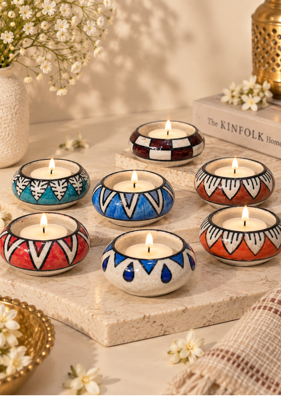 Blue Hand Painted assorted Diya - Set of 6