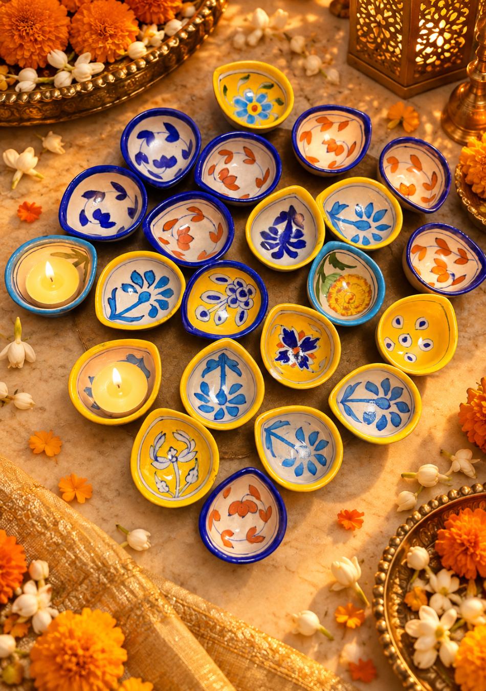 Aravalii Blue Pottery Assorted Rangoli Hand-Painted Diya - Set of 6