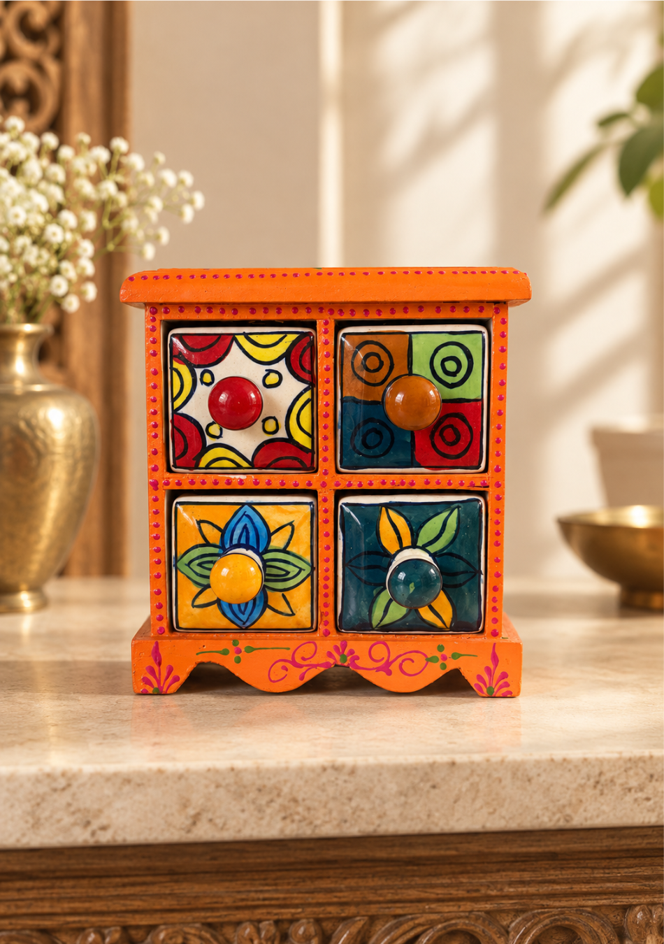 Aravalii Orange Heritage 4-Drawer Mini Chest
