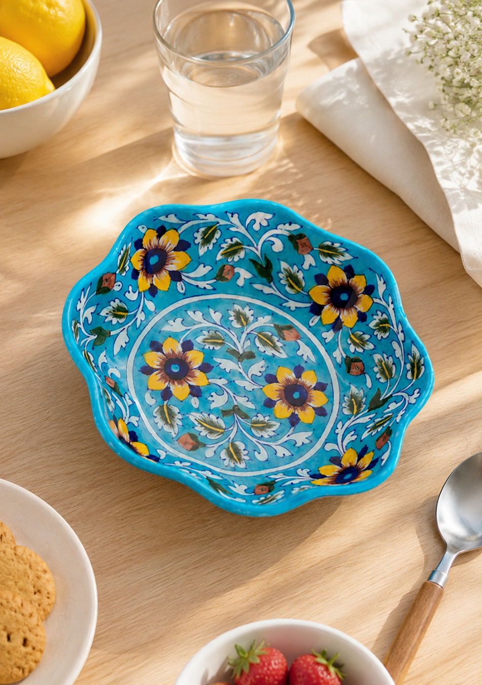 Yellow Flower Pattern Lotus Shaped Sky Blue Bowl