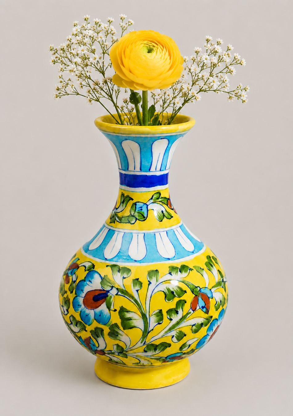 BLUE POTTERY YELLOW GENIE VASE