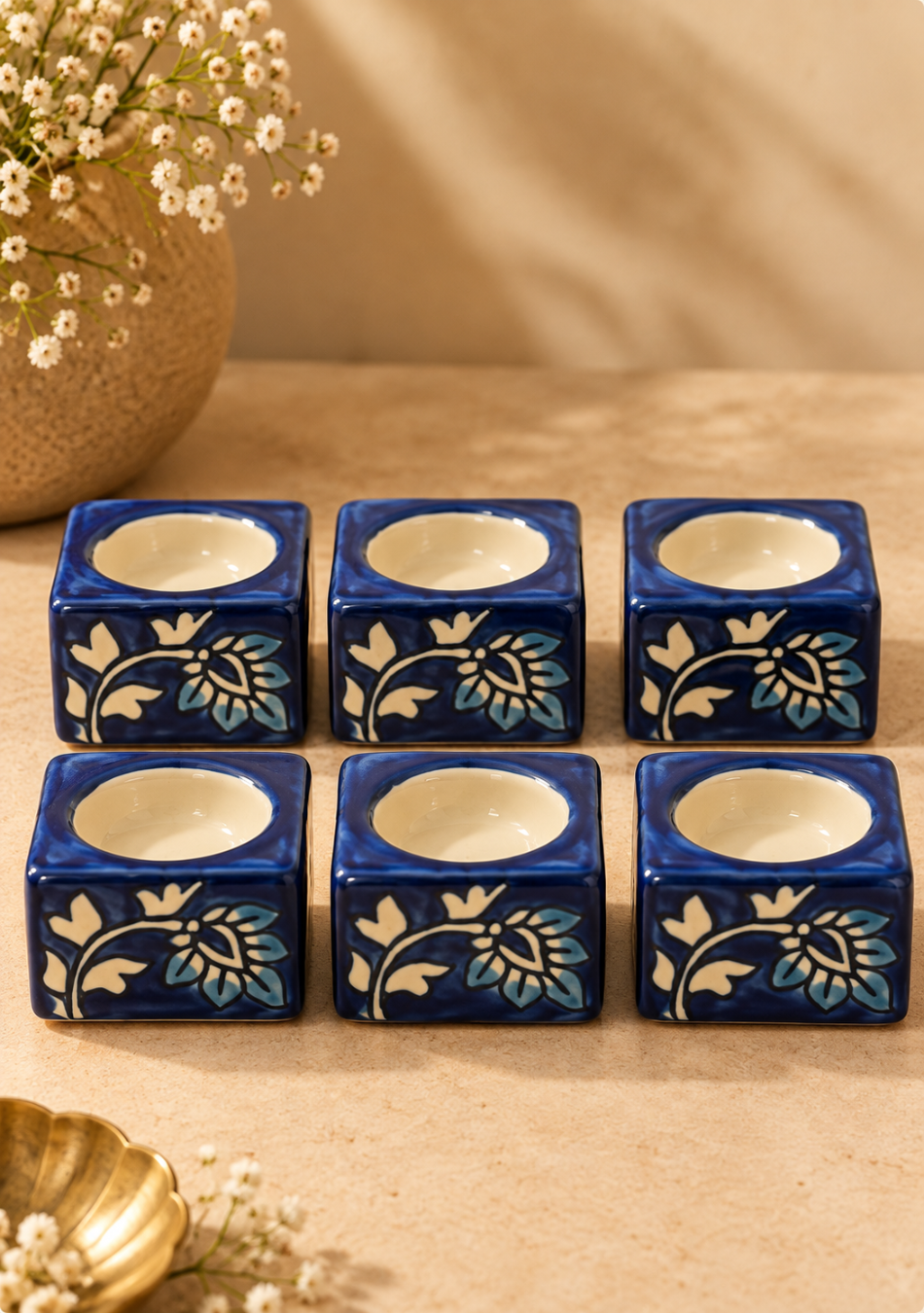 Aravalii Indigo Bloom Hand Painted Tea Light Diya Set of 6