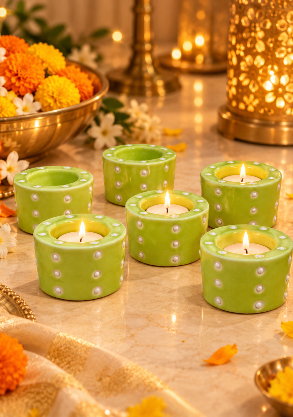 Aravalii Lime Glow Handcrafted Ceramic Tealight Holder Set of 6