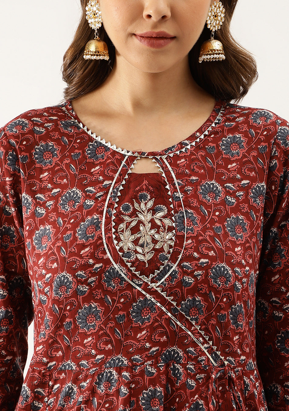 Burgundy Floral Cotton Anarkali Set
