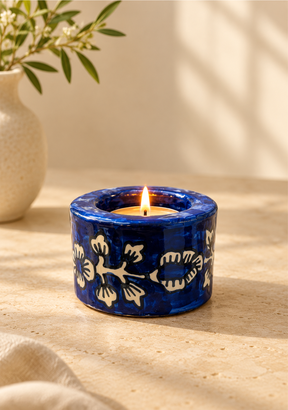 Aravalii Indigo Petals Hand-Painted Tea light Diya Set of 6