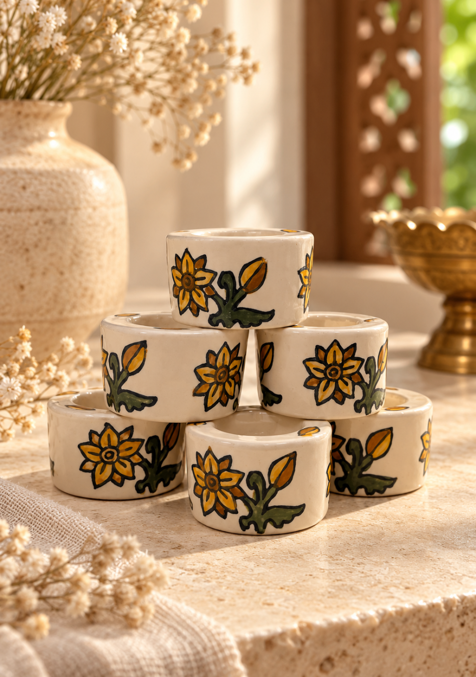 Aravalii Sunflower Bloom Hand-Painted Diya-Set of 6