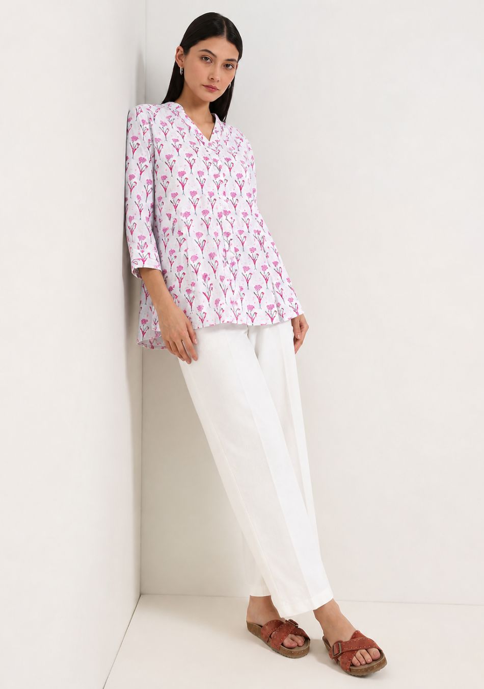 White Printed cotton Top
